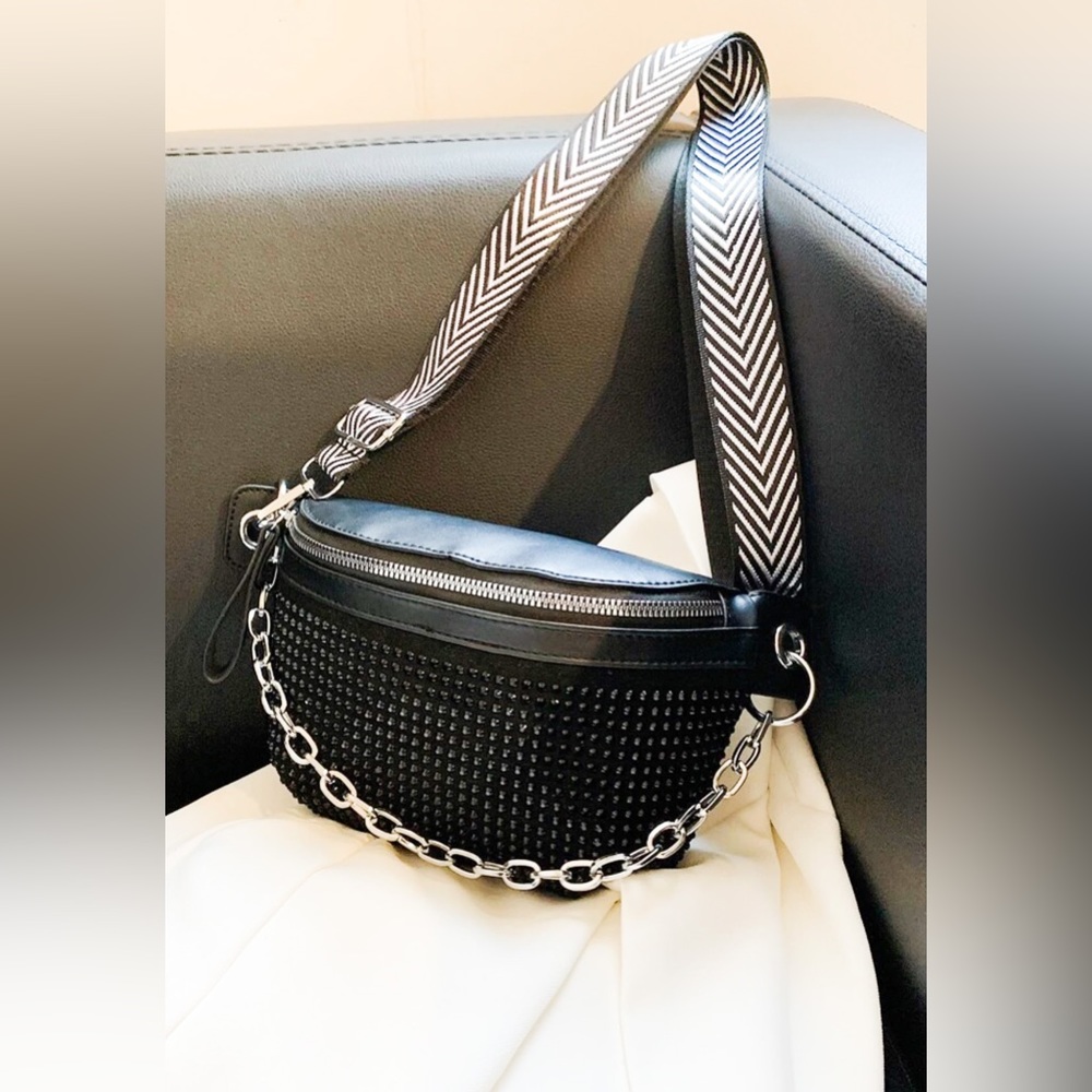 Chain Stud Waist BumBag in Black with Black straps White Chevron design